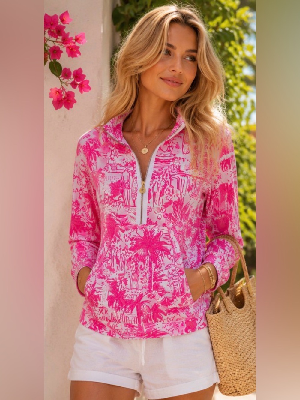 Lilly Pulitzer UPF 50+ Skipper Popover Paradise Pink Rule Breakers Toile print